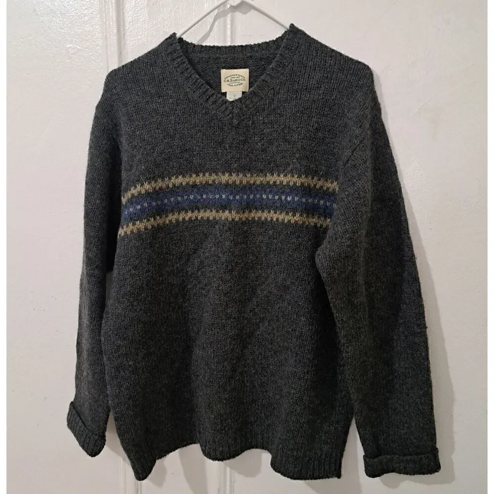 Vintage 90's GH BASS Bass Mens Small SHETLAND WOOL gray Vneck Sweater Pullover